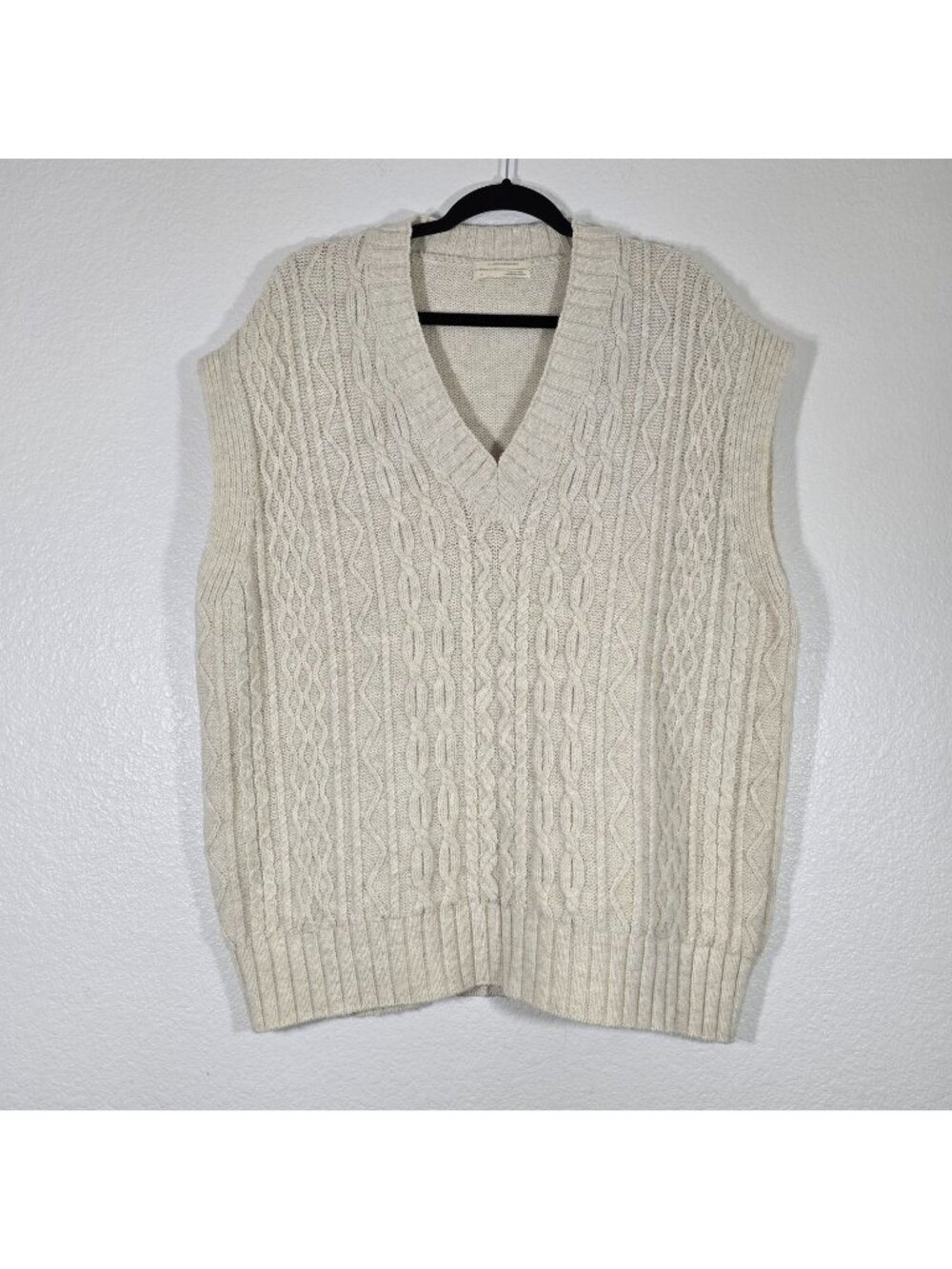 Anthropologie Knit Sweater Vest Women Small Beige Cable V-Neck Oversized Street